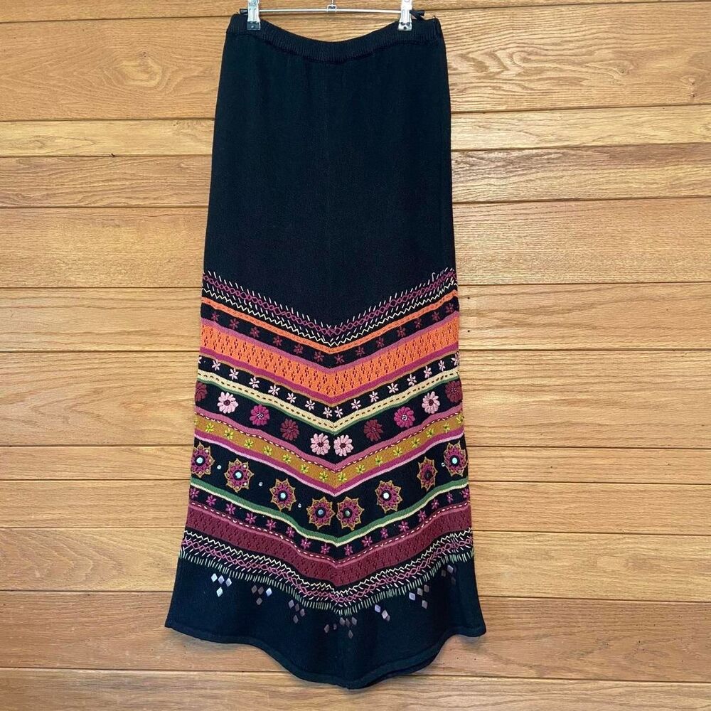 Vintage 90s Y2K Double D Ranch knit floral embroidered linen blend maxi skirt